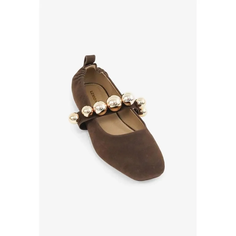 The Colleen- Ballet Flat with Gold Ball Details in Chocolate - Picture 1 of 1